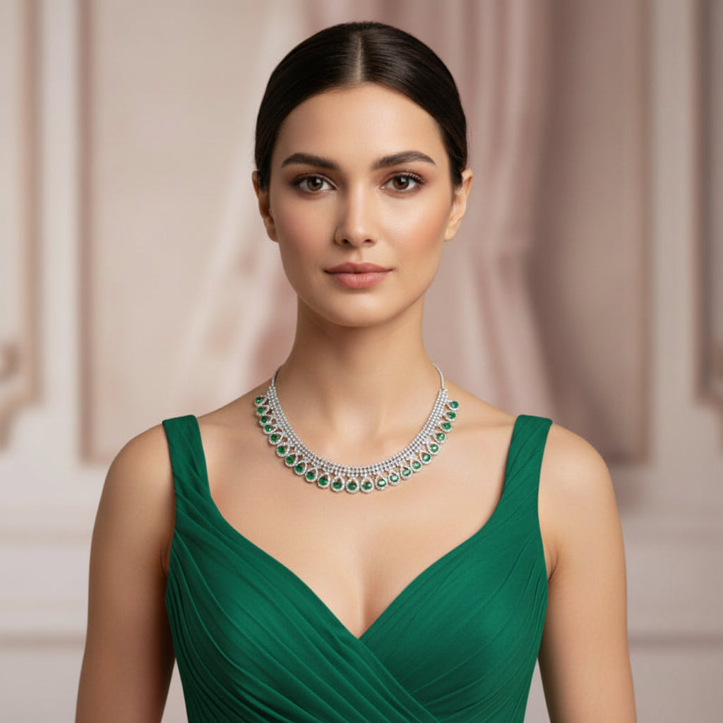 Green American Diamond Necklace Set With earrings from Kallos Jewellery