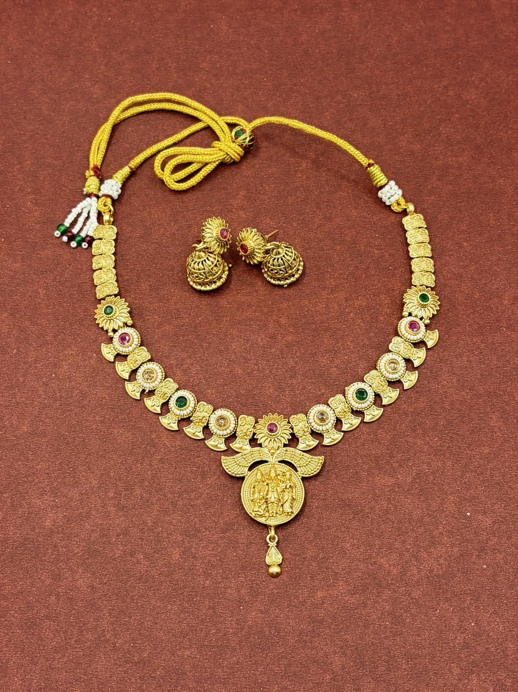 Multicolor Temple Antique Golden Necklace Set