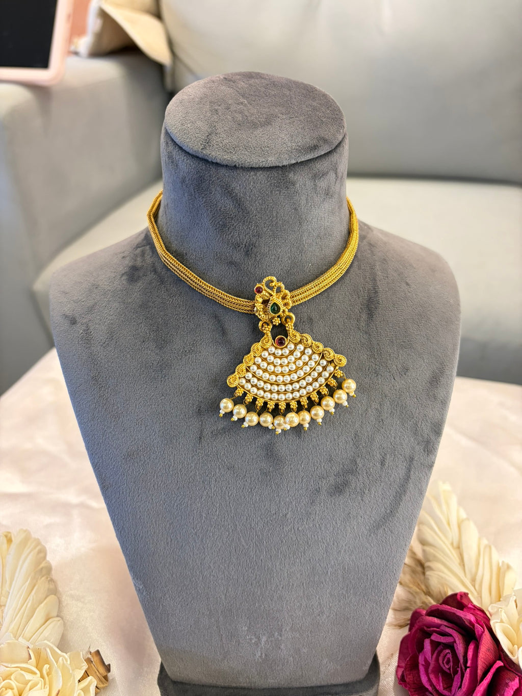 Pearl beaded necklace set with matching earrings