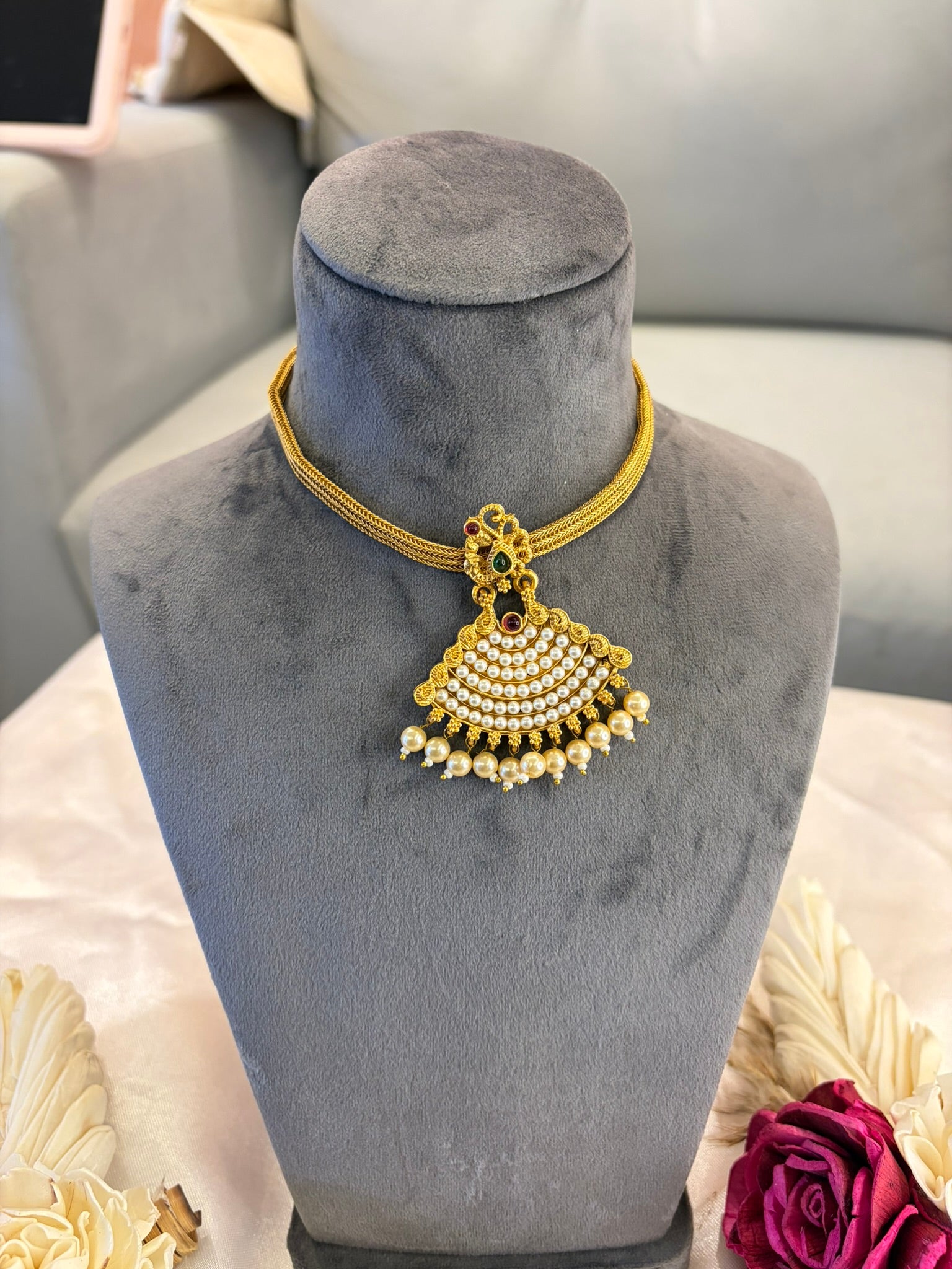 Pearl beaded necklace set with matching earrings