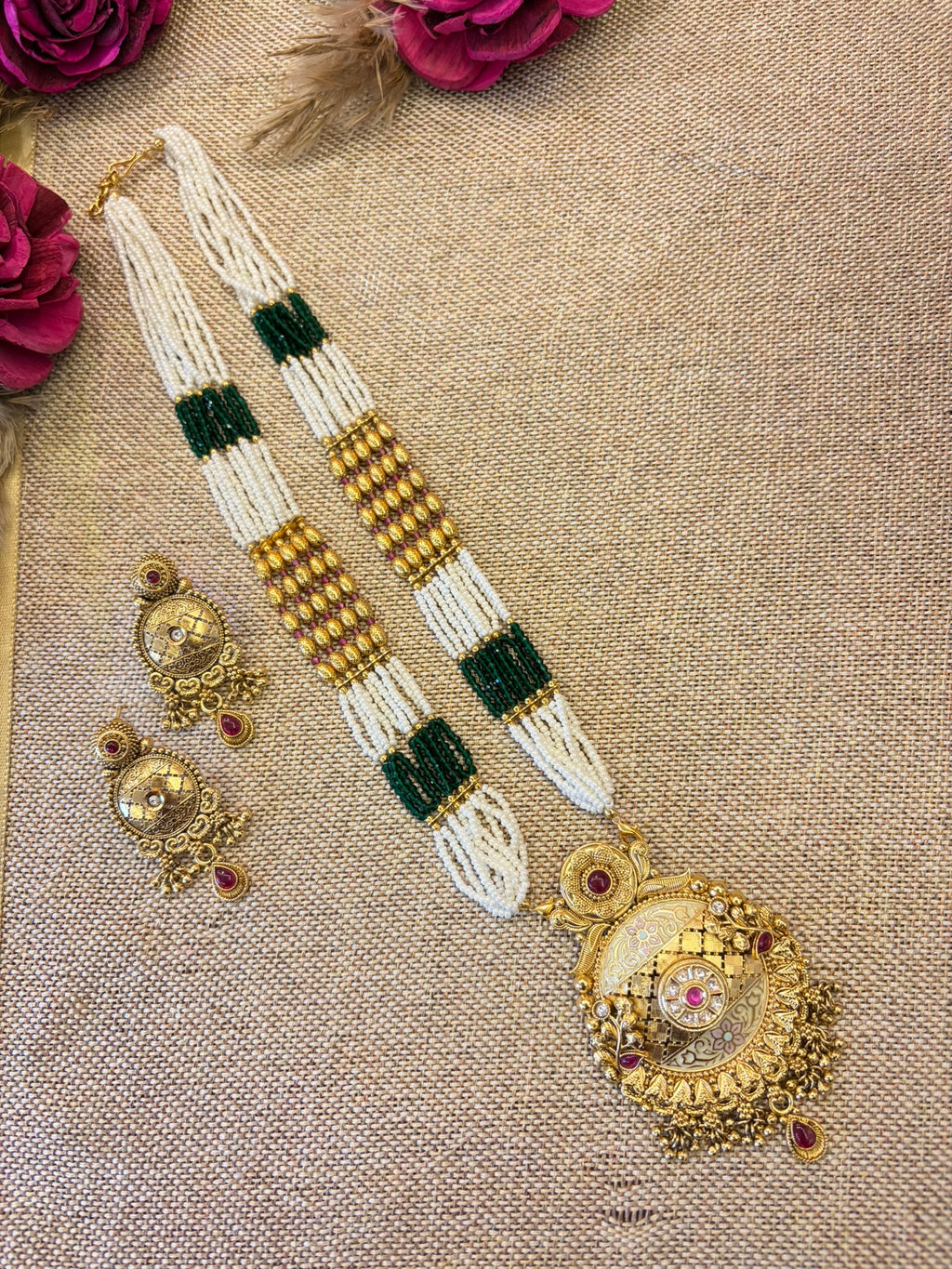 Traditional Gold Plated Temple Necklace Set with Pearl & Green Beads