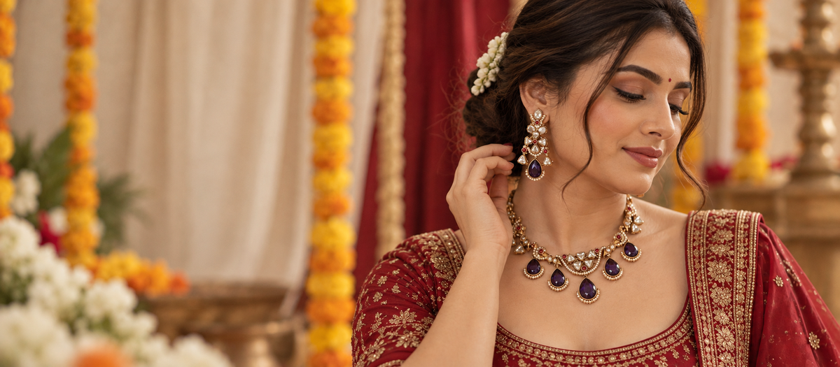 Bride in a red embroidered lehenga wearing a gold kundan necklace set with purple teardrop stones and matching earrings