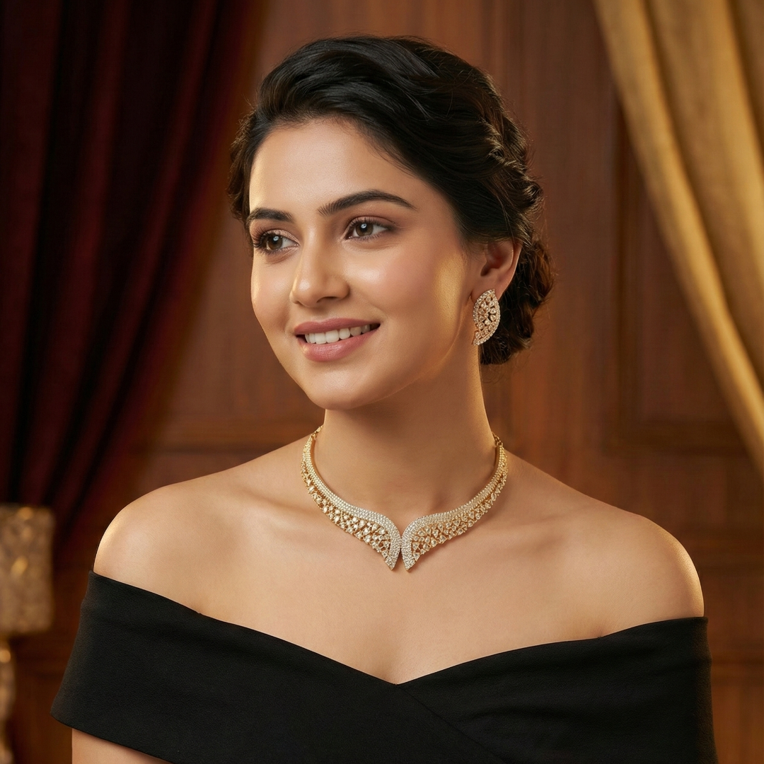 Leafy designed Gold Polish AD Necklace set