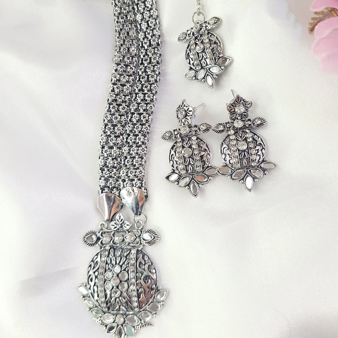 Oxidised Long Necklace Set with Earrings and Maang Tikka – Kallos Jewellery