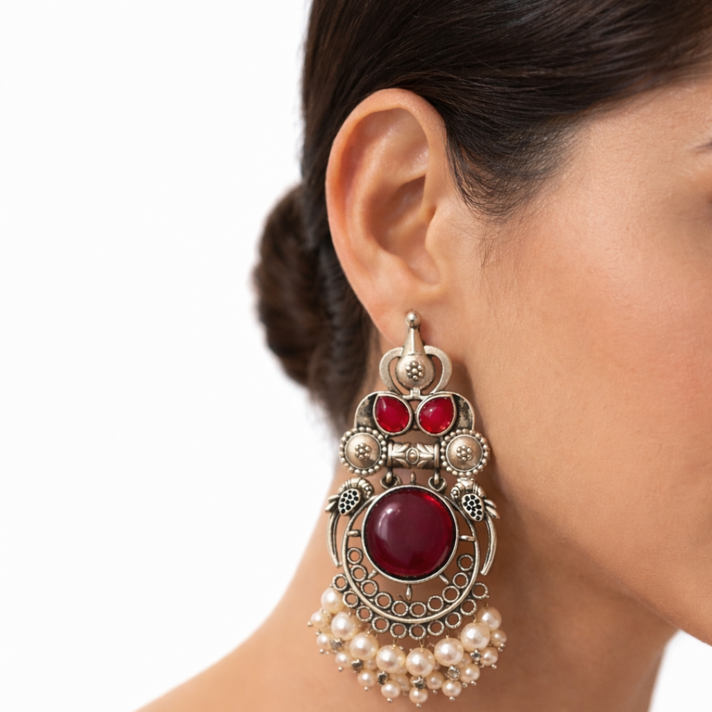 Long Kashmiri Ruby Color Earring
