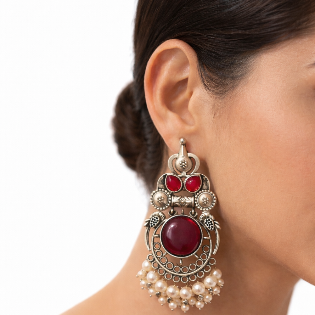 Long Kashmiri Ruby Color Earring