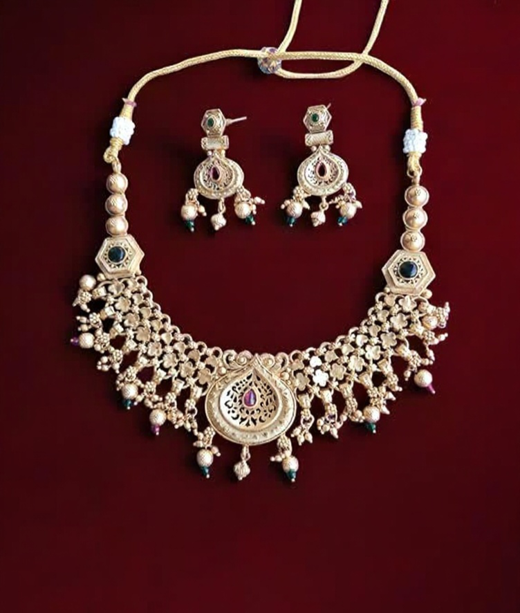 Ruby-Green Golden Rajwadi Finish Golden Necklace Set