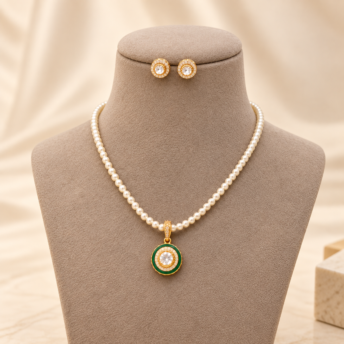Brass pendant necklace set with green Kundan pendant, moti mala and matching stud earrings