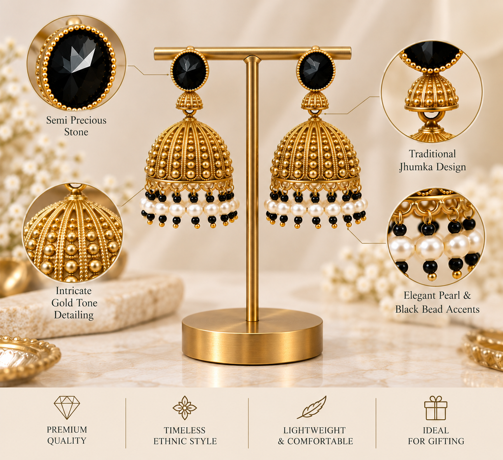 Close-up of black semi precious stone and detailed gold-tone dome on a Jhumka earring