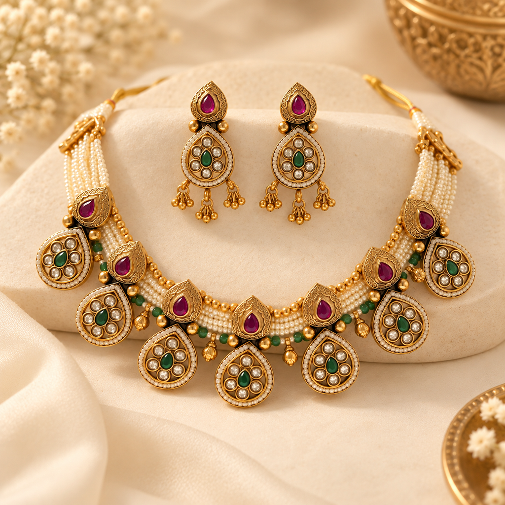 Gold necklace set with matching drop earrings and Moti work on a warm ivory background