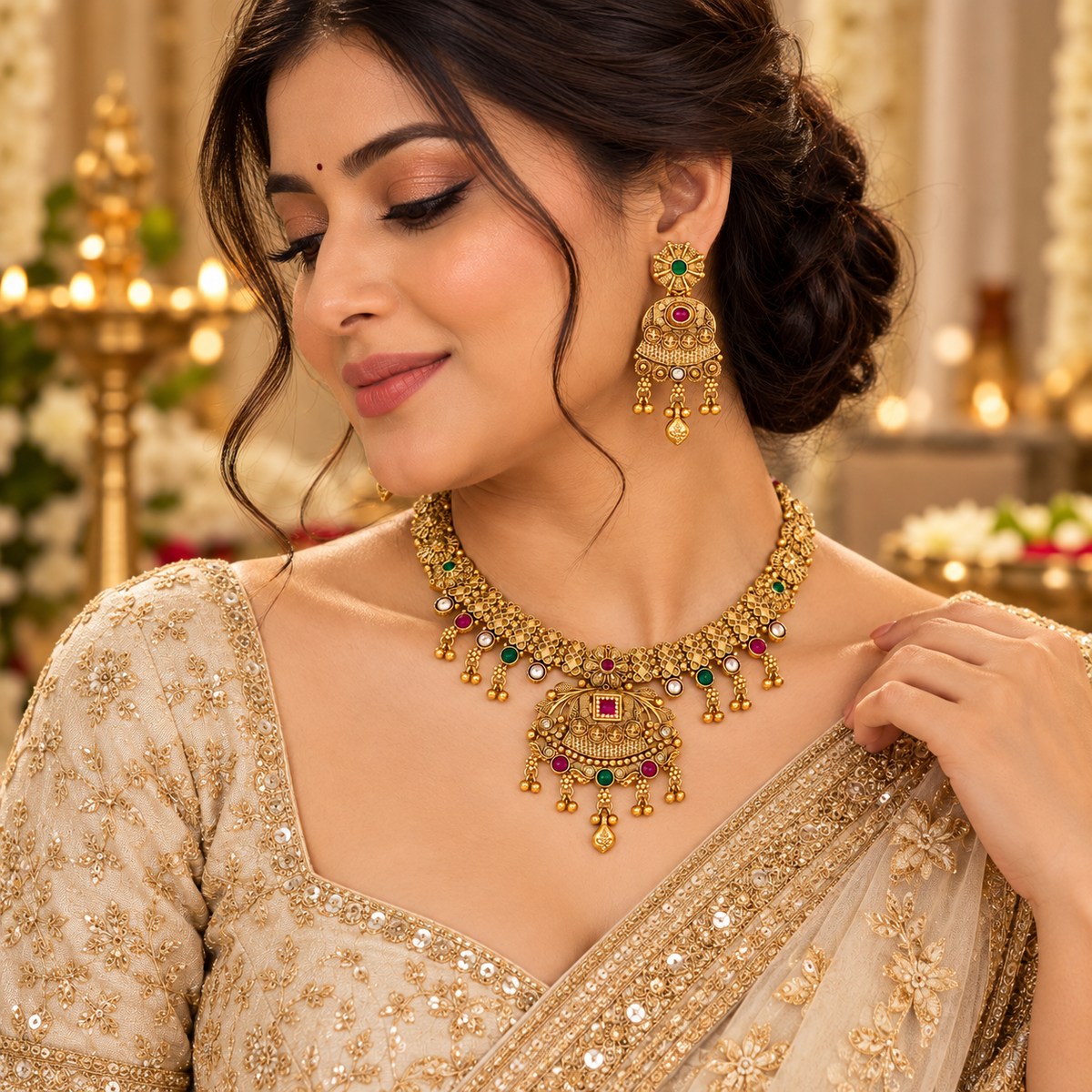 Woman wearing a gold-tone necklace with a central pendant and matching jhumka earrings against a warm festive backdrop.