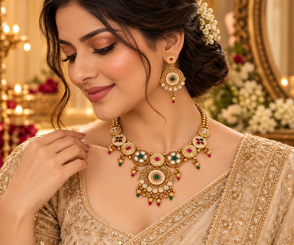 Indian woman wearing a gold-tone Rajwadi necklace set with matching earrings in a festive setting