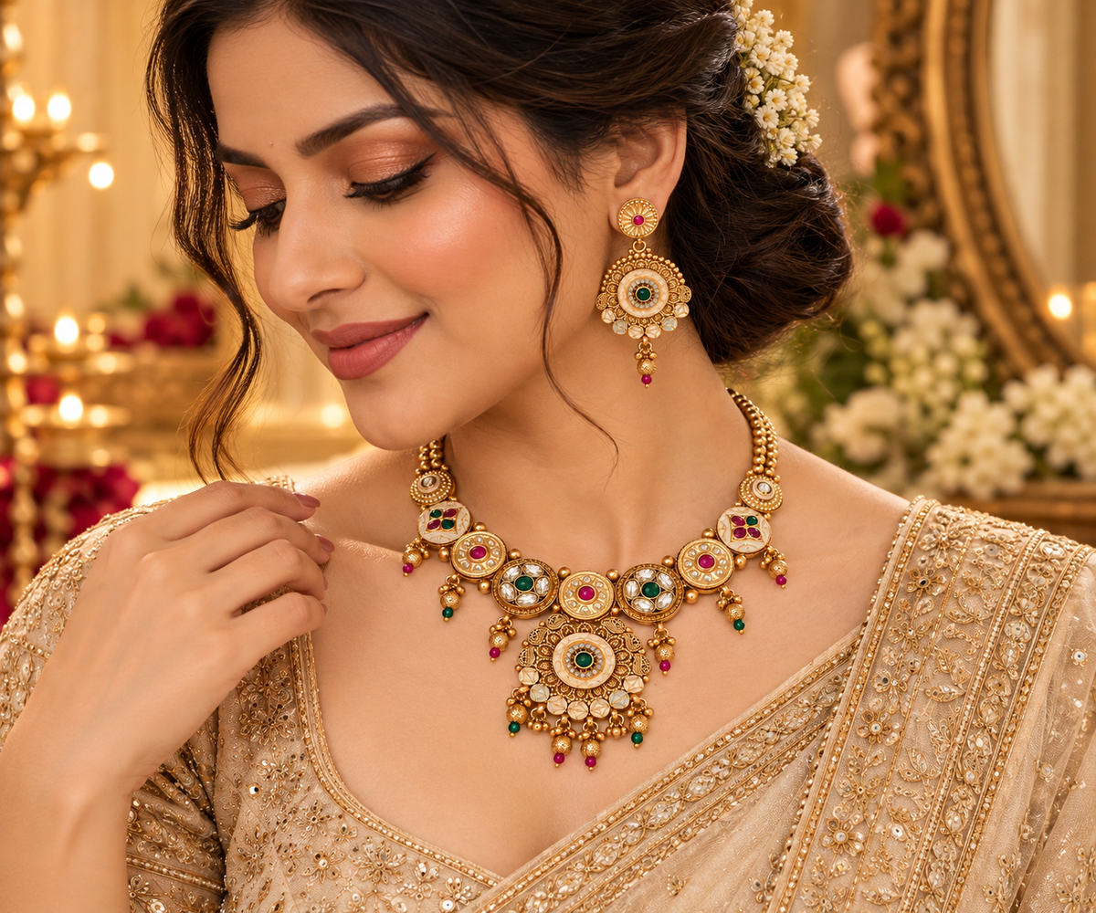 Indian woman wearing a gold-tone Rajwadi necklace set with matching earrings in a festive setting