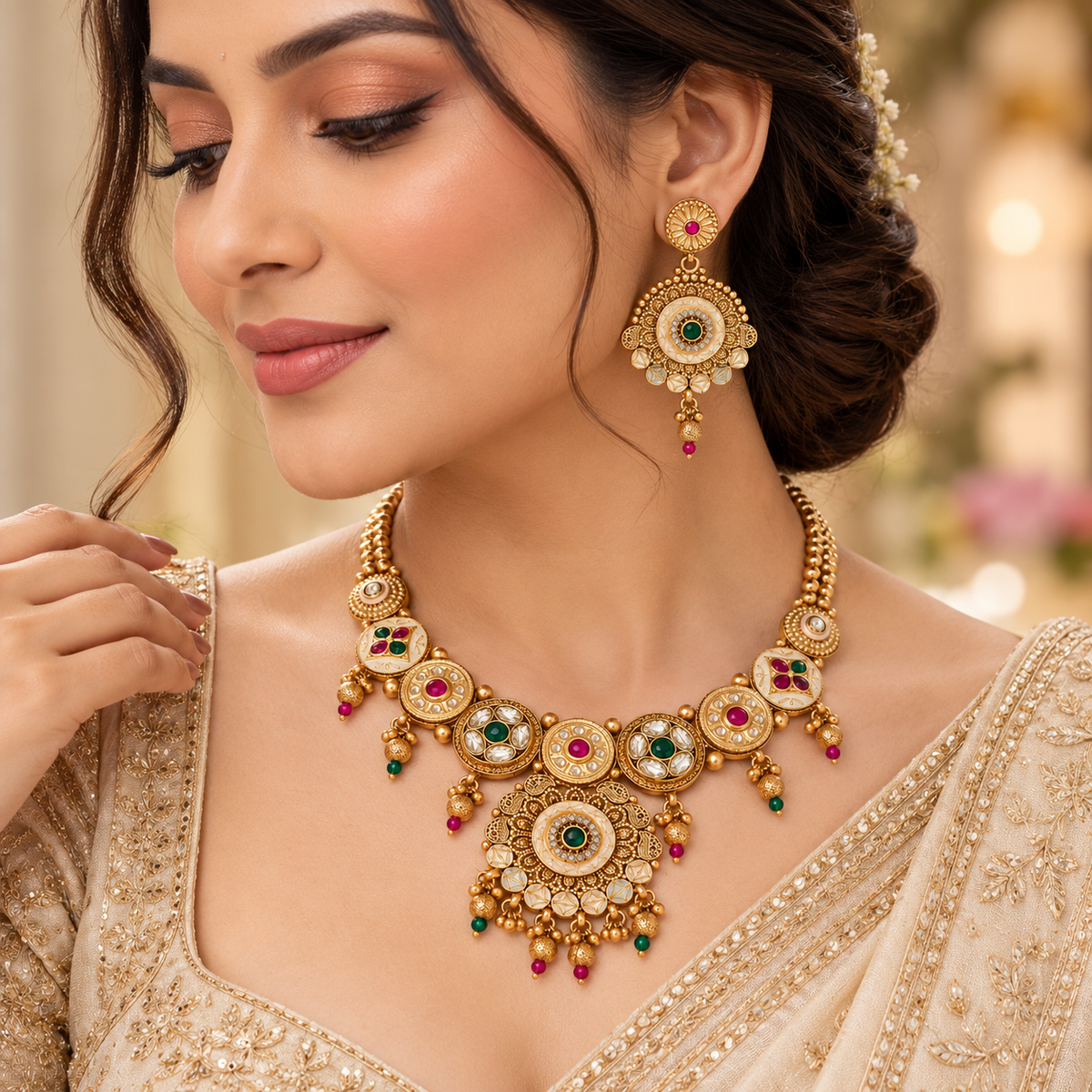 Indian model wearing a Rajwadi necklace and matching drop earrings with green and red stones