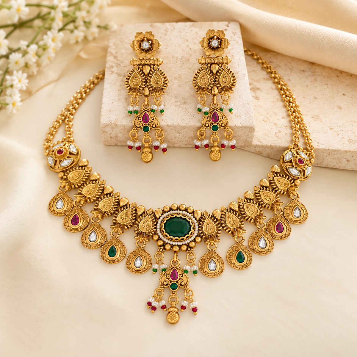 Traditional gold necklace with matching long earrings on a cream display bust