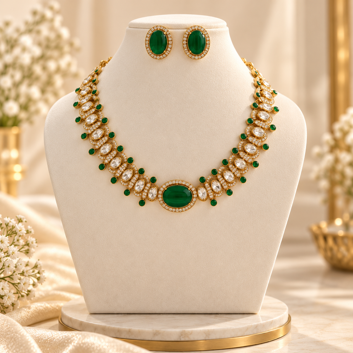 Green and gold necklace with matching stud earrings displayed on a cream jewellery bust