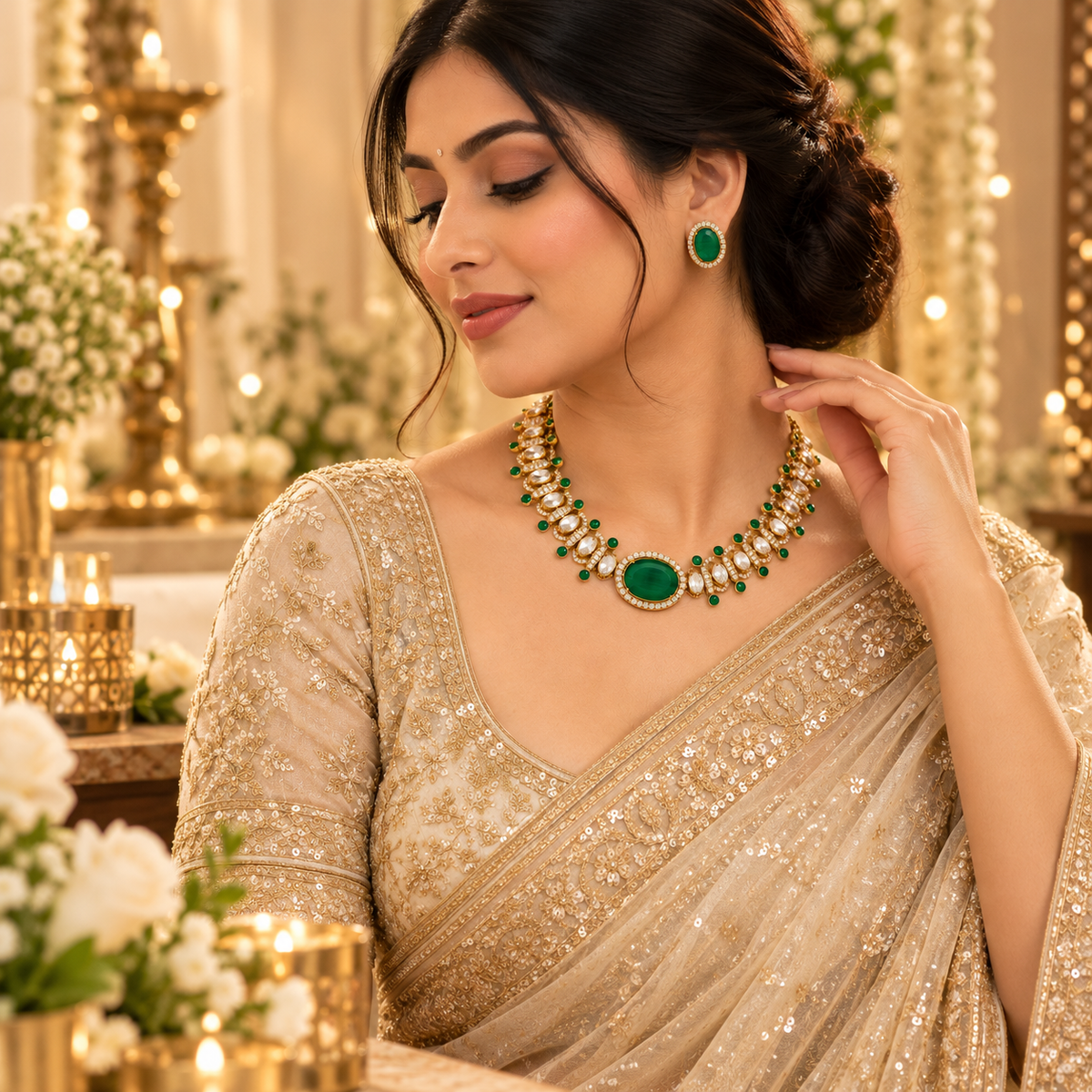 Indian woman wearing the green and gold necklace set in a festive occasion setting