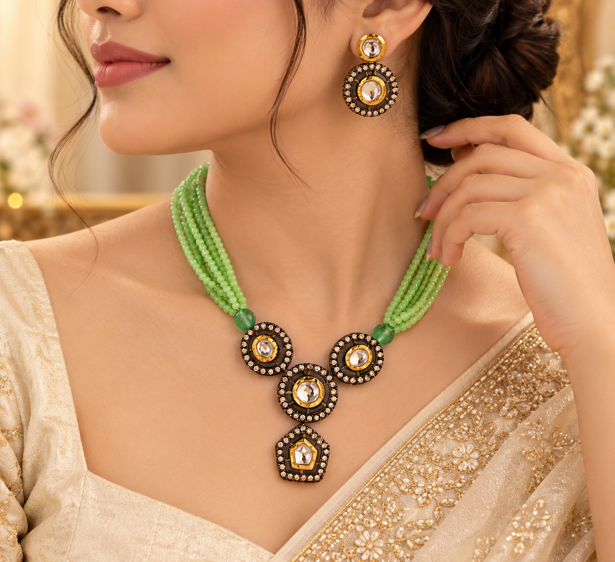 Indian model wearing a green beaded Kundan necklace with matching drop earring