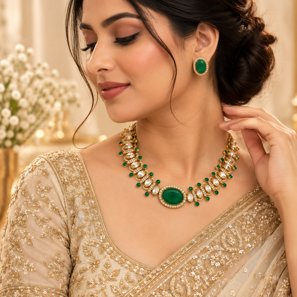Indian model wearing a green and gold necklace with matching stud earrings