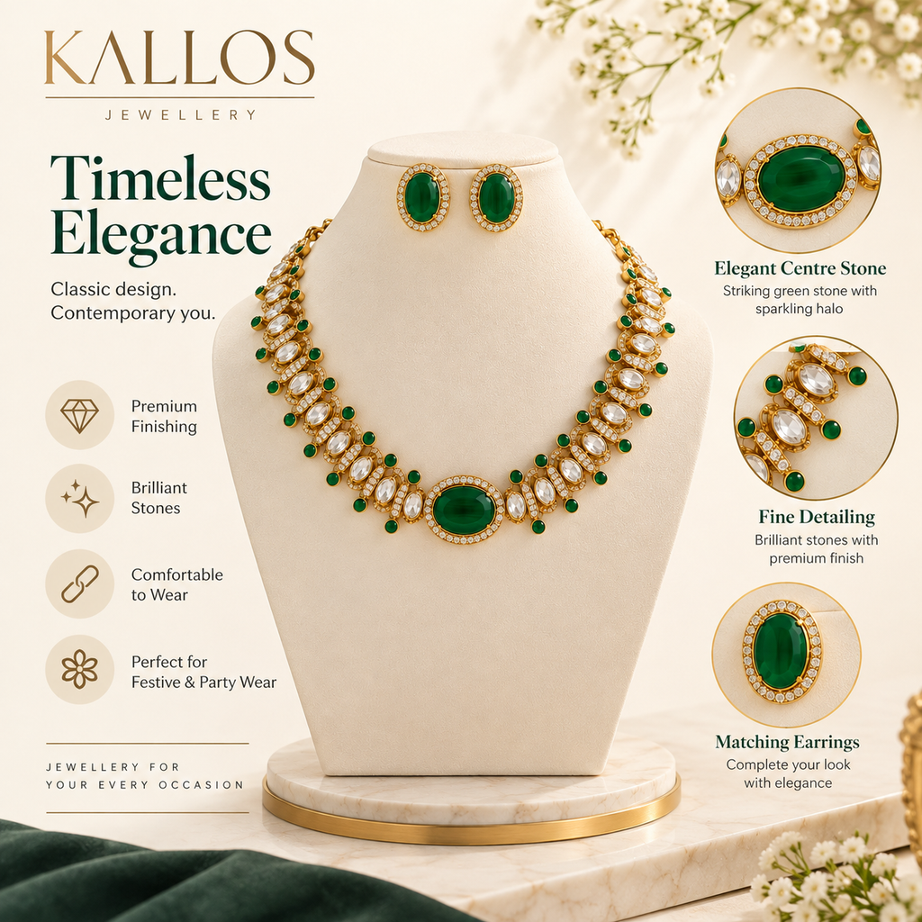 Green and gold necklace set presented in a Kallos product feature layout