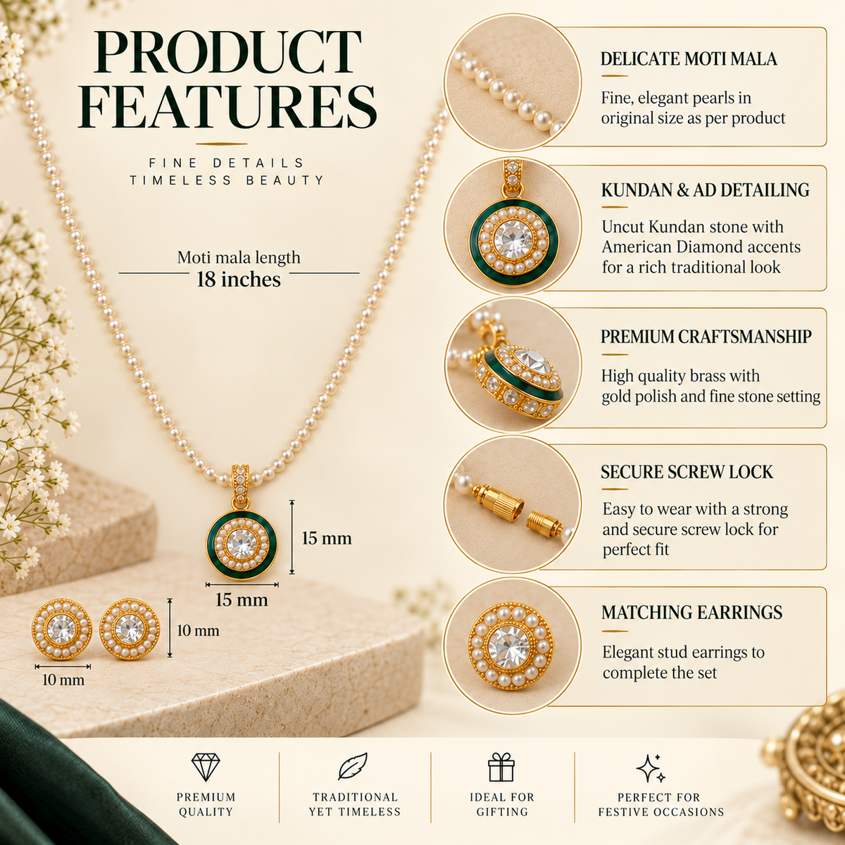Kallos product features showing moti mala, Kundan and Uncut AD detailing, pendant and matching earrings