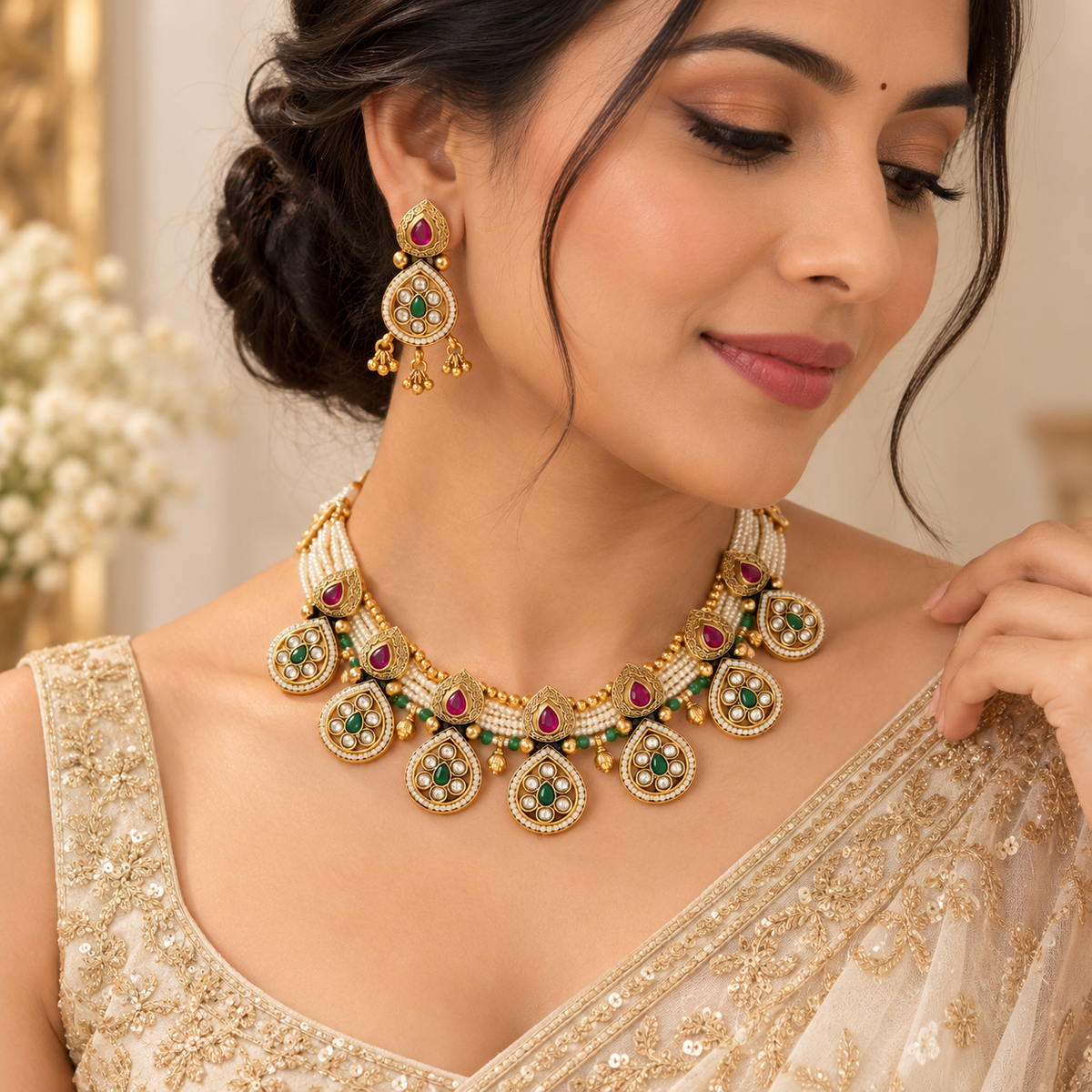 Indian model wearing a short gold necklace with matching drop earrings and Moti work