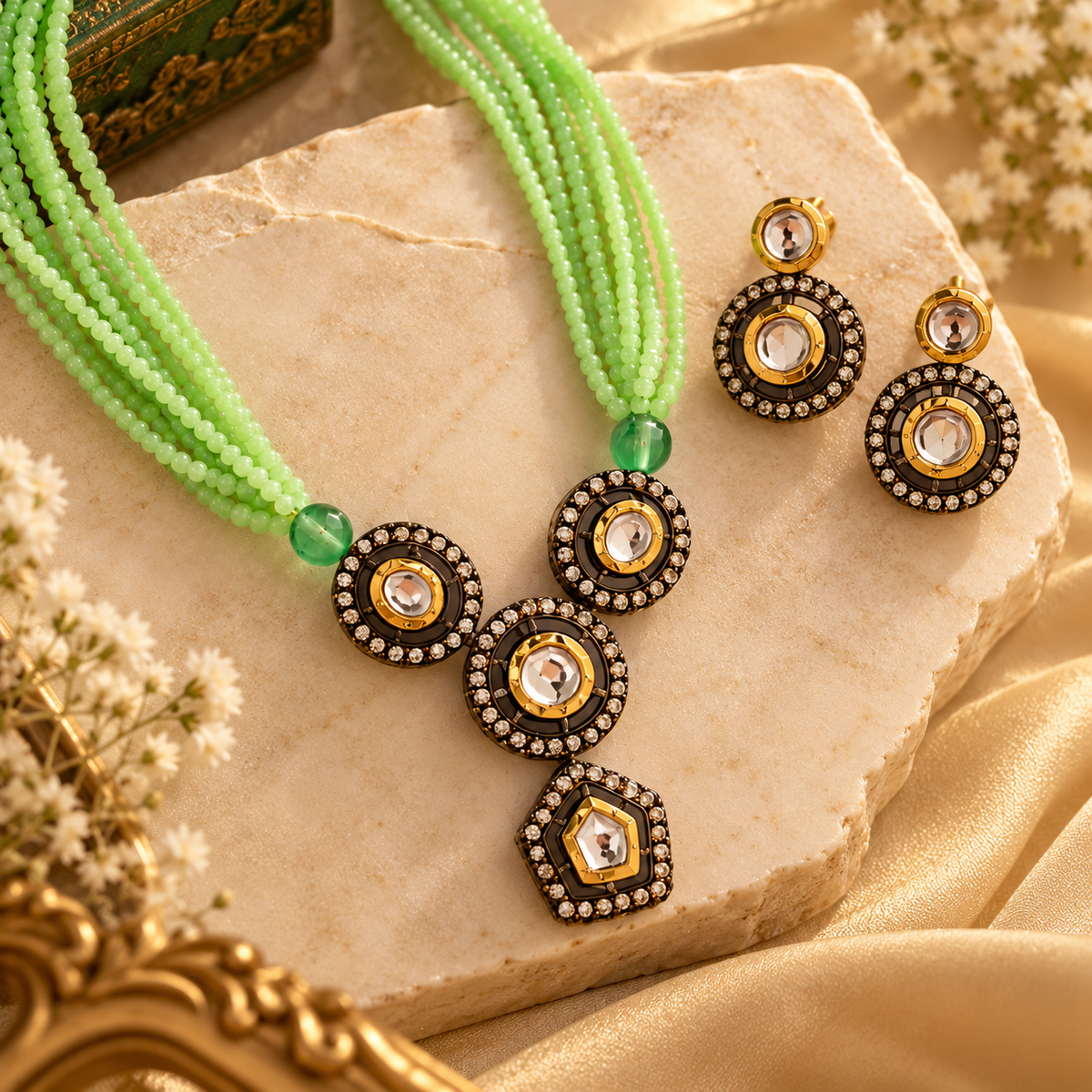 Close-up of green bead strands, Kundan stones and geometric necklace detailing