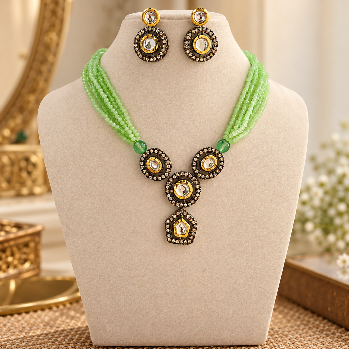 Kundan necklace set displayed with matching earrings in a festive Indian-inspired setting
