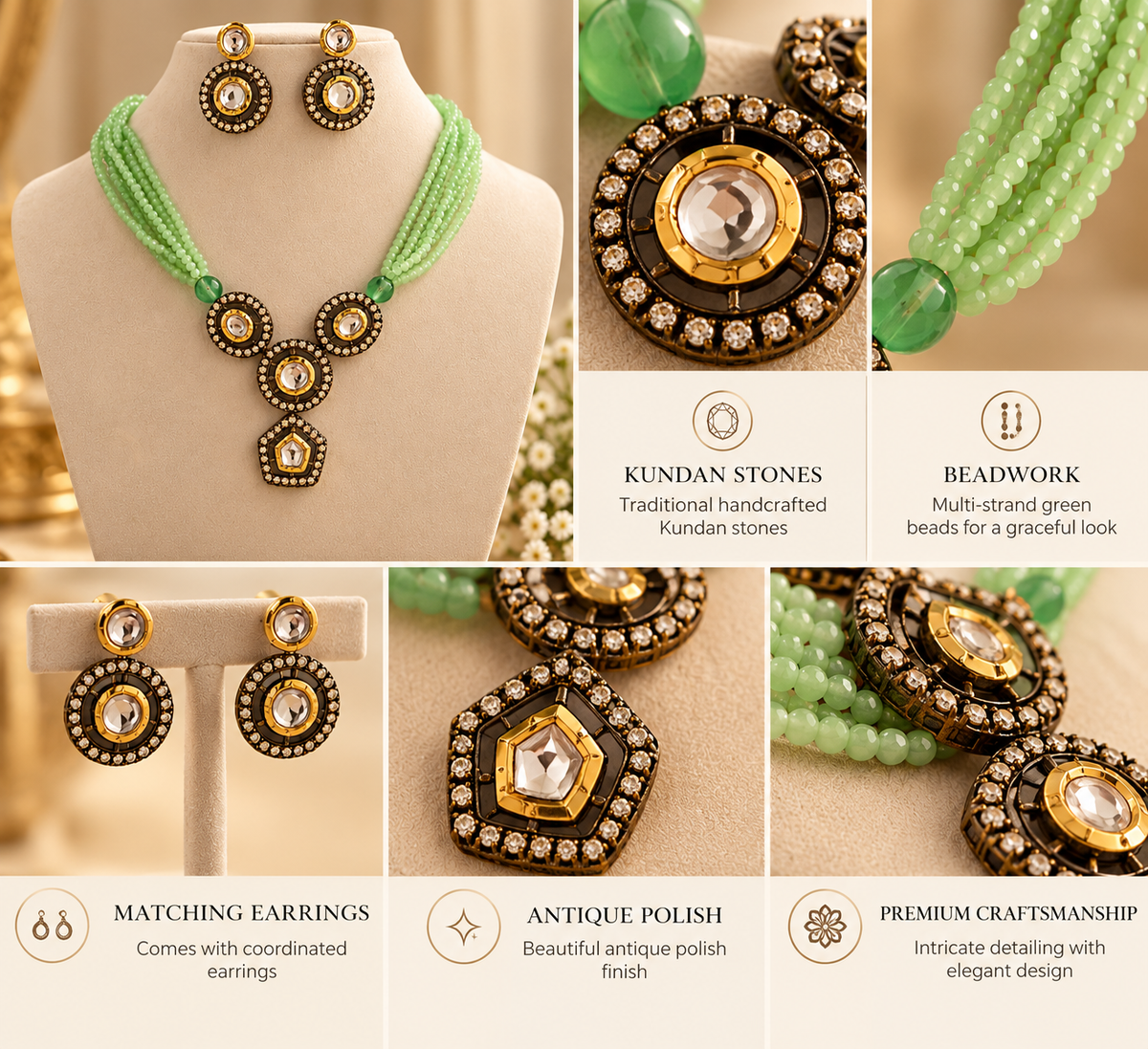 Kundan necklace set showing green beadwork, matching earrings and antique polish details