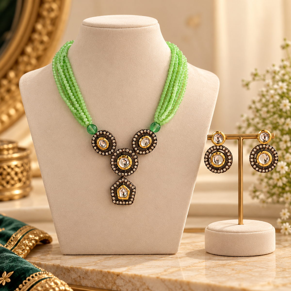 Kundan necklace set with matching drop earrings in green, gold and black