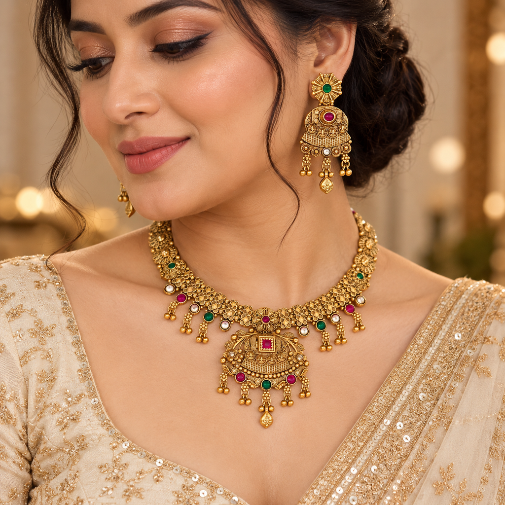 Indian model wearing a gold-tone necklace with a decorative pendant and matching red and green jhumka earrings.