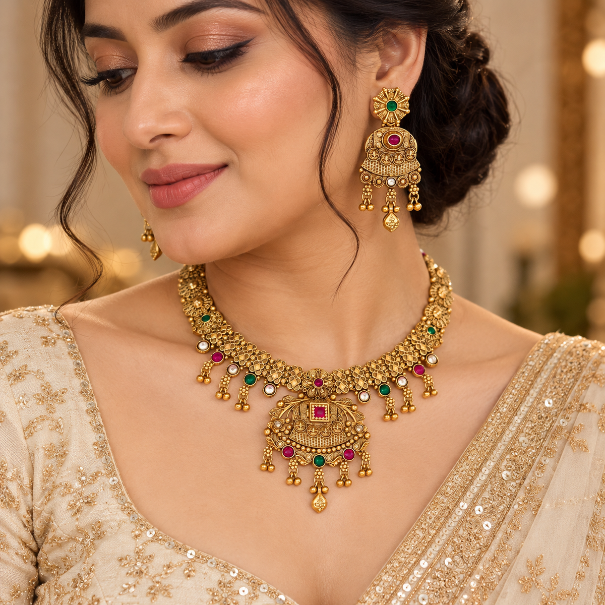 Indian model wearing a gold-tone necklace with a decorative pendant and matching red and green jhumka earrings.