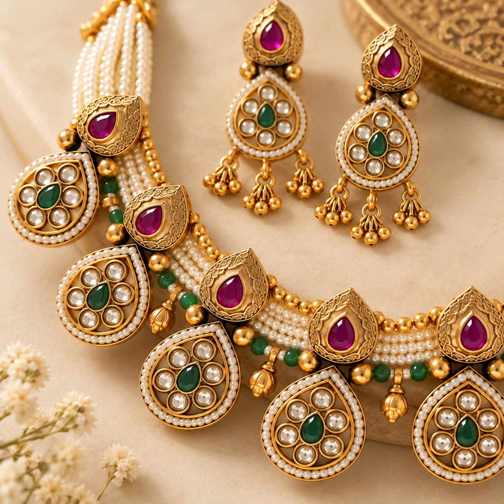 Close-up of Kundan and Polki detailing with green and red accents on the necklace