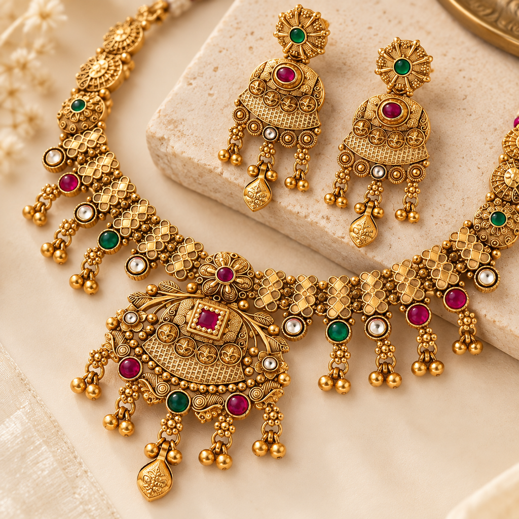 Close-up of an ornate necklace pendant with red and green accents, intricate gold-tone motifs and dangling decorative elements.