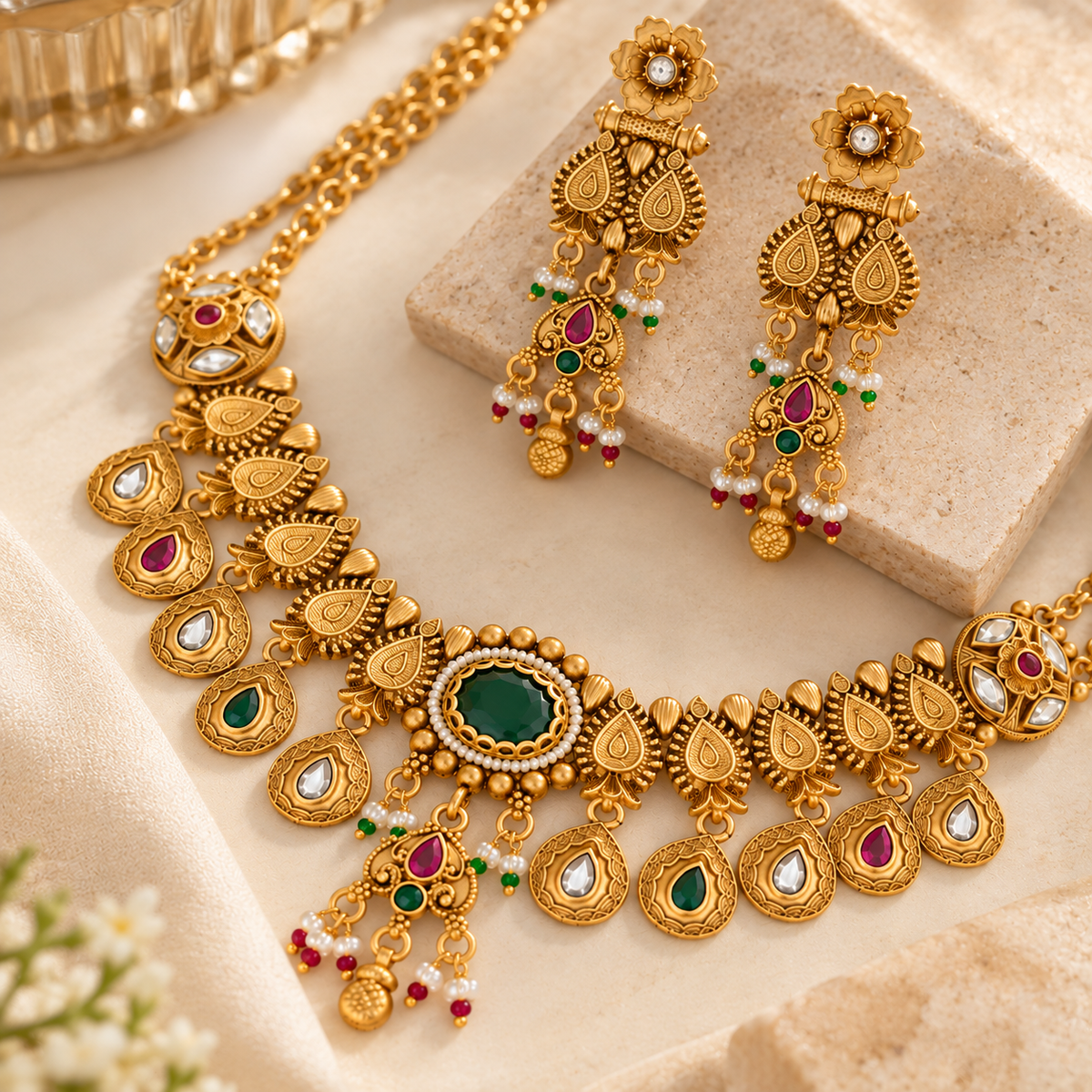 Close-up of ornate gold necklace and long earrings with green red and white stone details