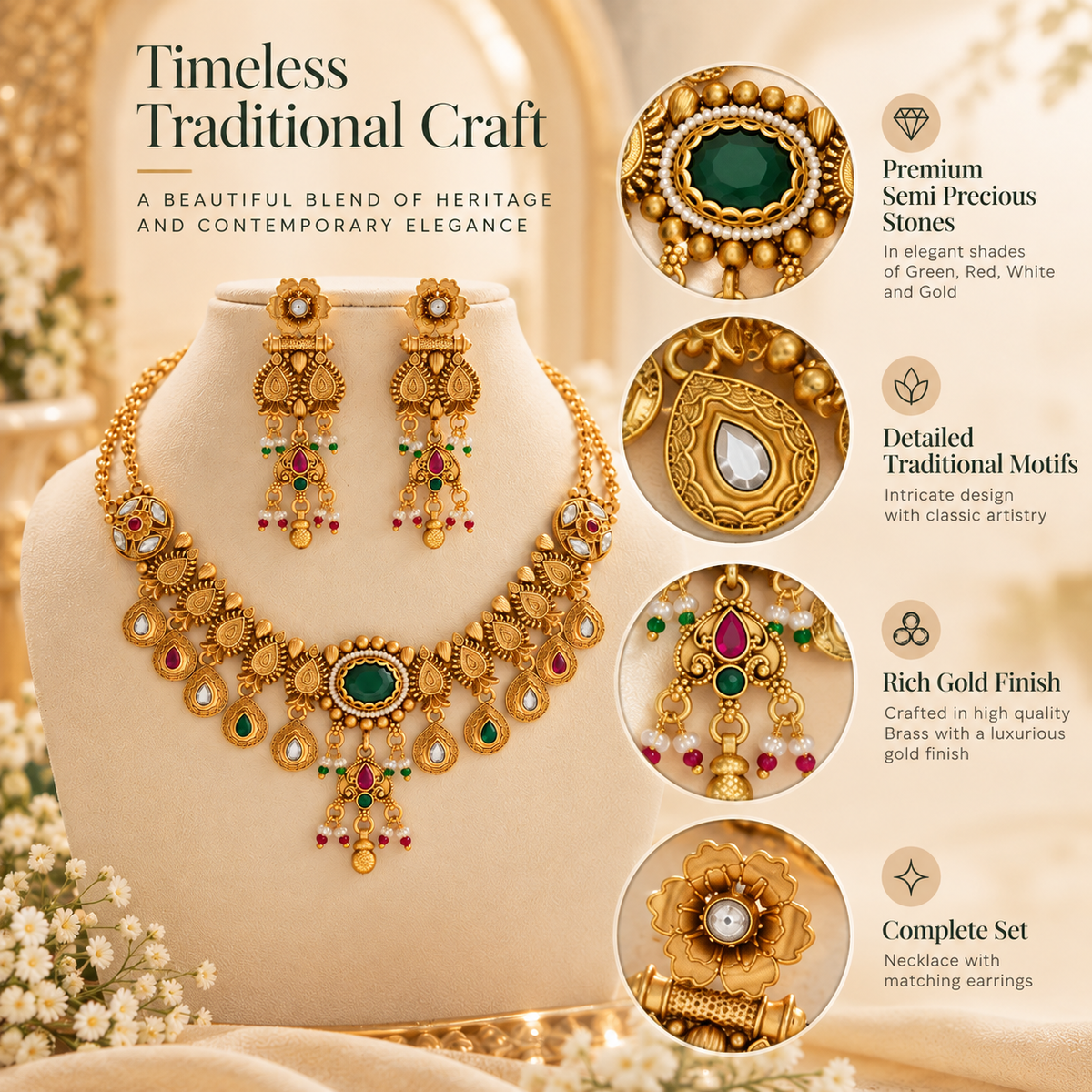 Kallos necklace set displayed with feature callouts for stones, motifs, gold finish and earrings