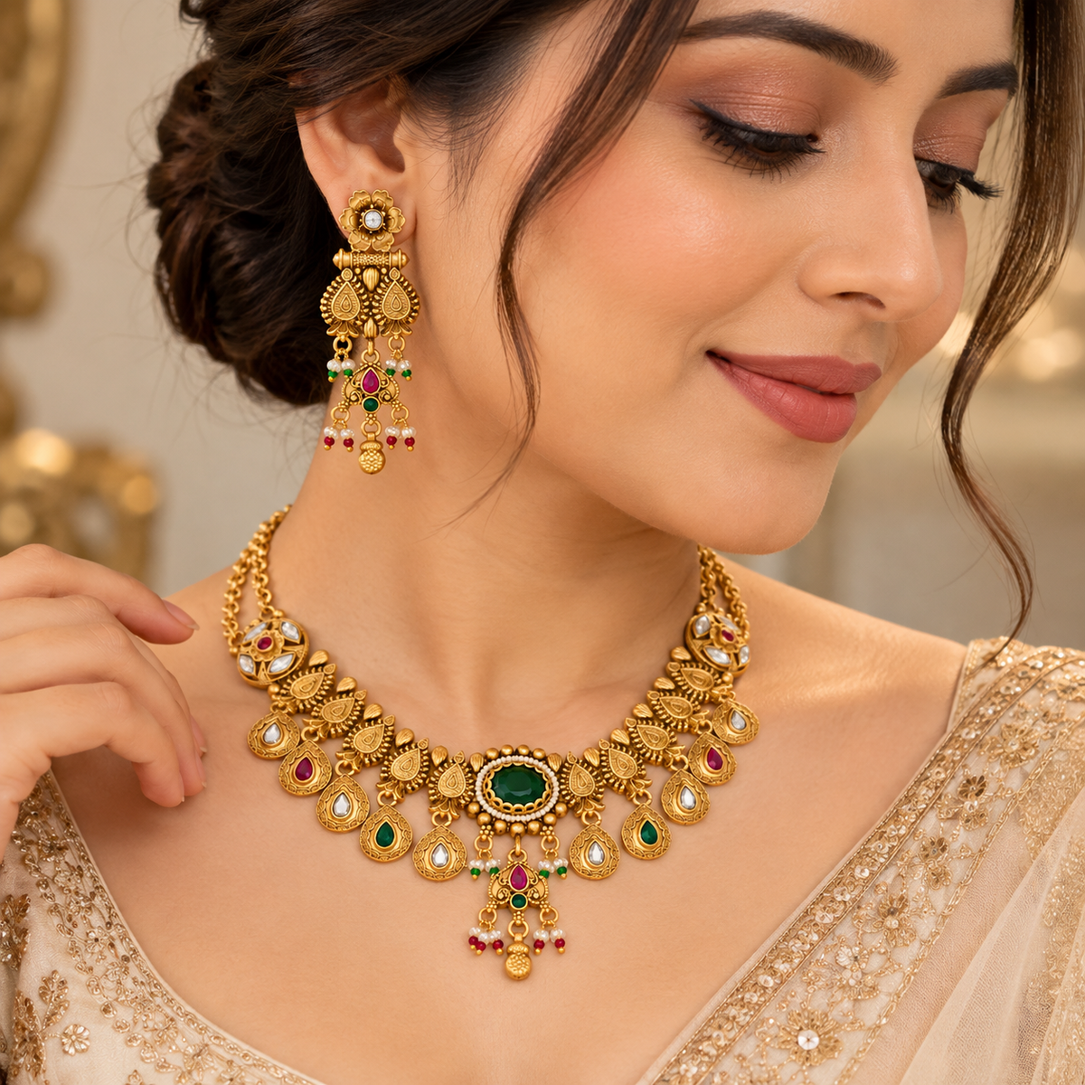 Indian model wearing a gold necklace with matching long earrings and green red white details