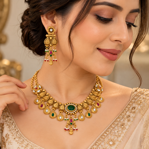 Indian model wearing a gold necklace with matching long earrings and green red white details
