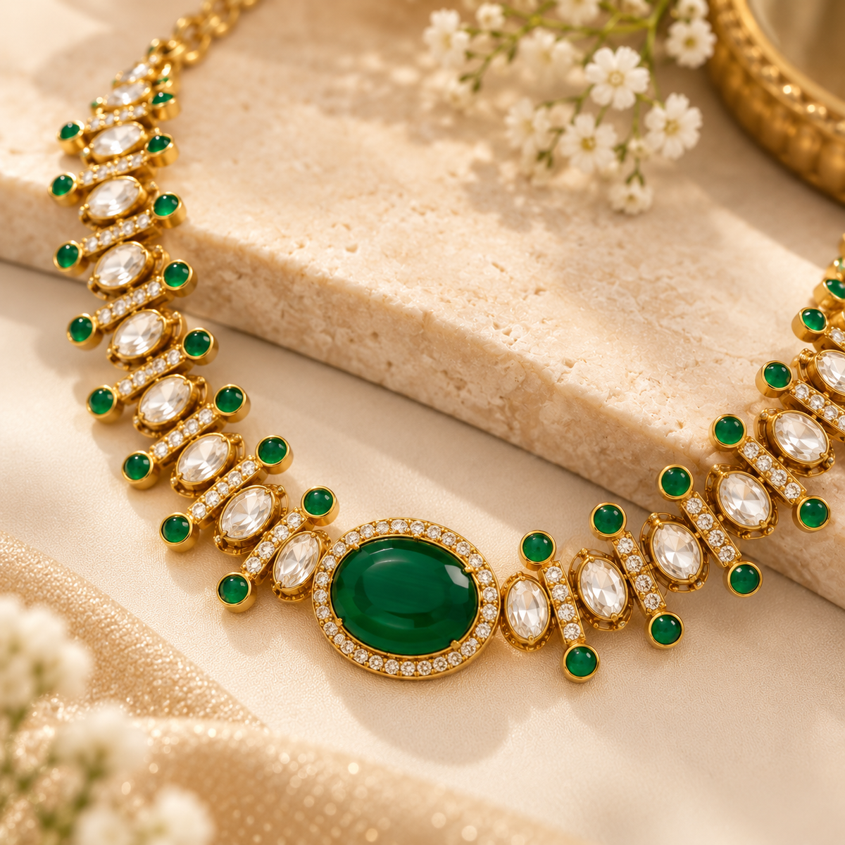 Close view of oval green stones and gold detailing on the statement necklace