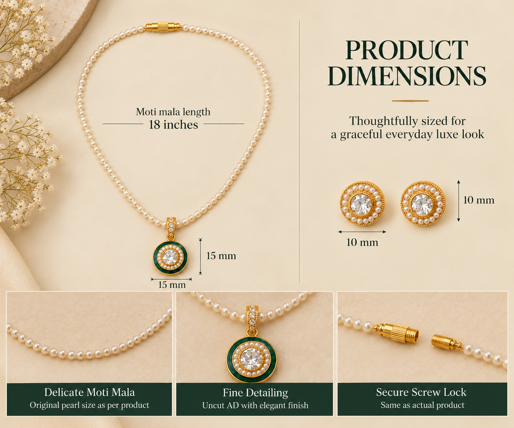 Kundan pendant necklace set showing 18-inch mala, 15 mm pendant and 10 mm earrings