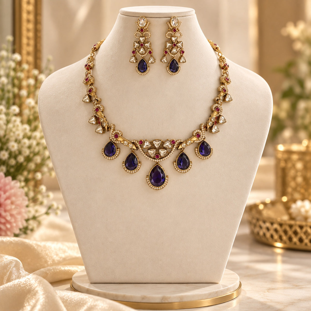 Purple and gold AD jewellery set with ornate necklace and matching long earrings on a warm ivory background