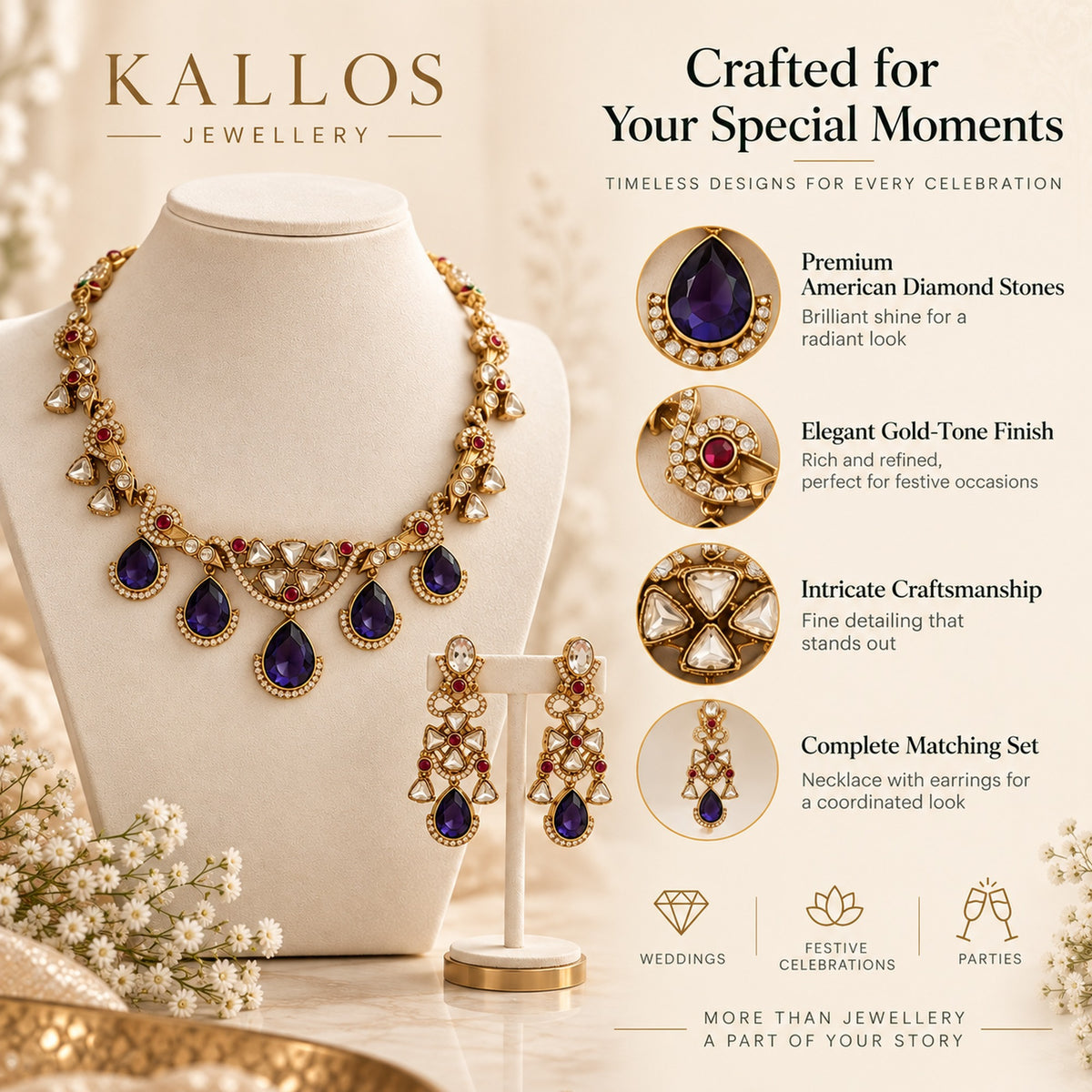Brass AD jewellery set featuring a gold and purple ornate necklace with matching long earrings