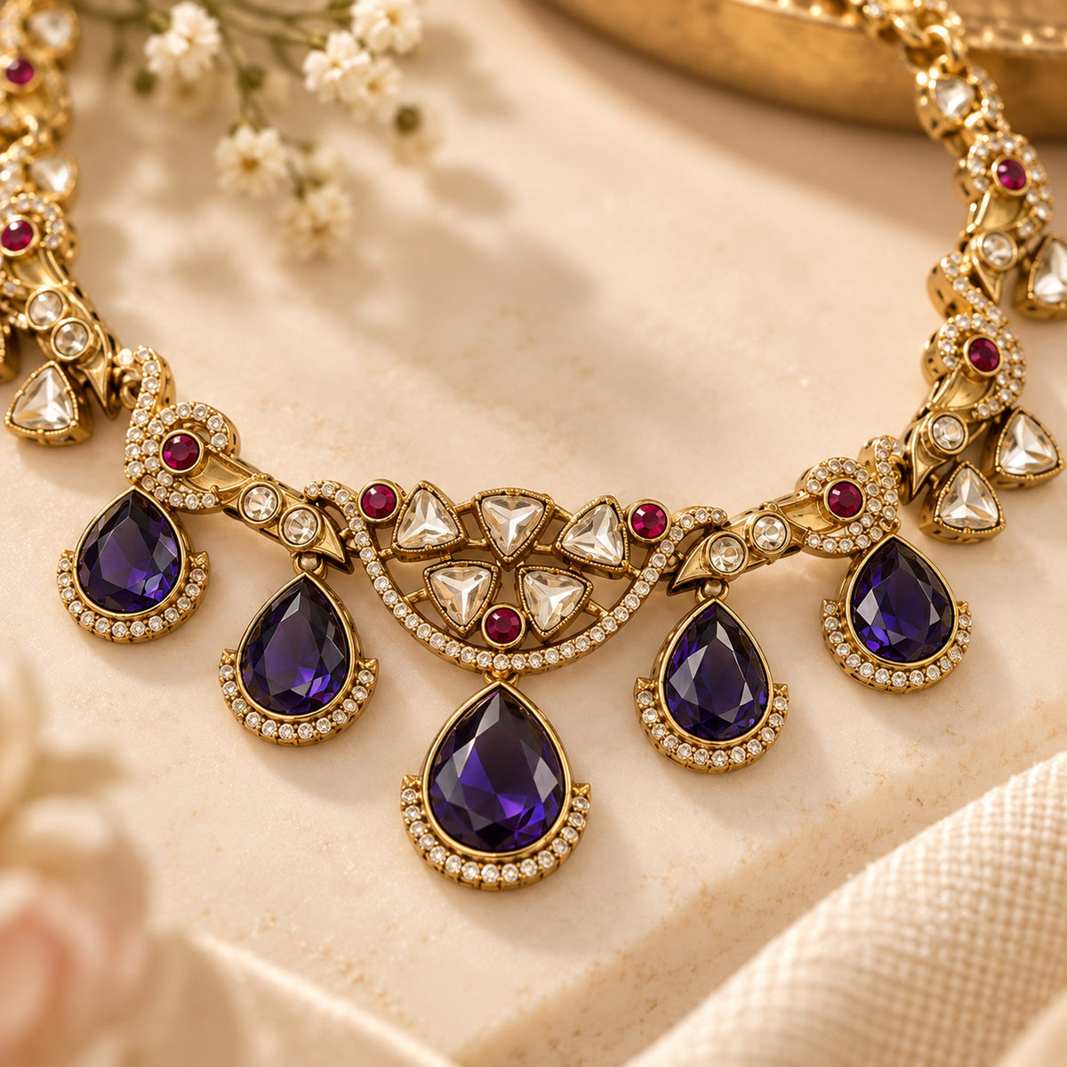 Close detail of purple American Diamond stones and gold-tone detailing on a brass jewellery set