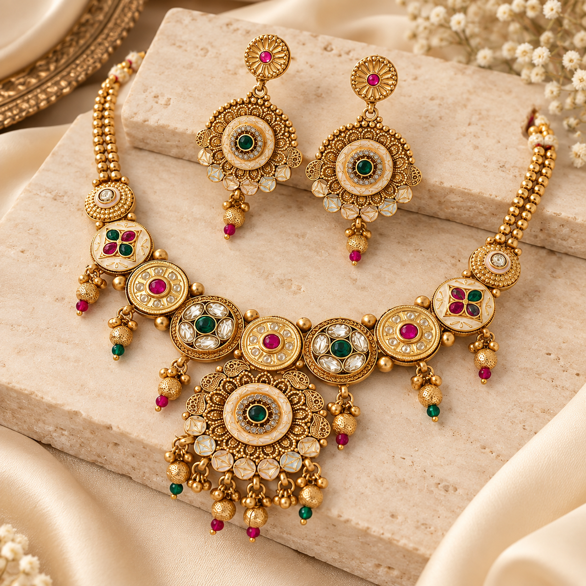 Rajwadi gold-tone necklace with matching drop earrings and green, red and white stones