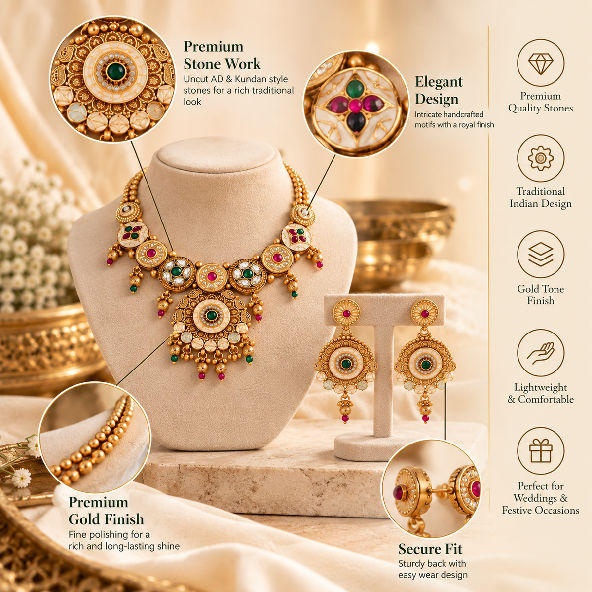 Rajwadi necklace and matching earrings presented with feature details and verified product attributes