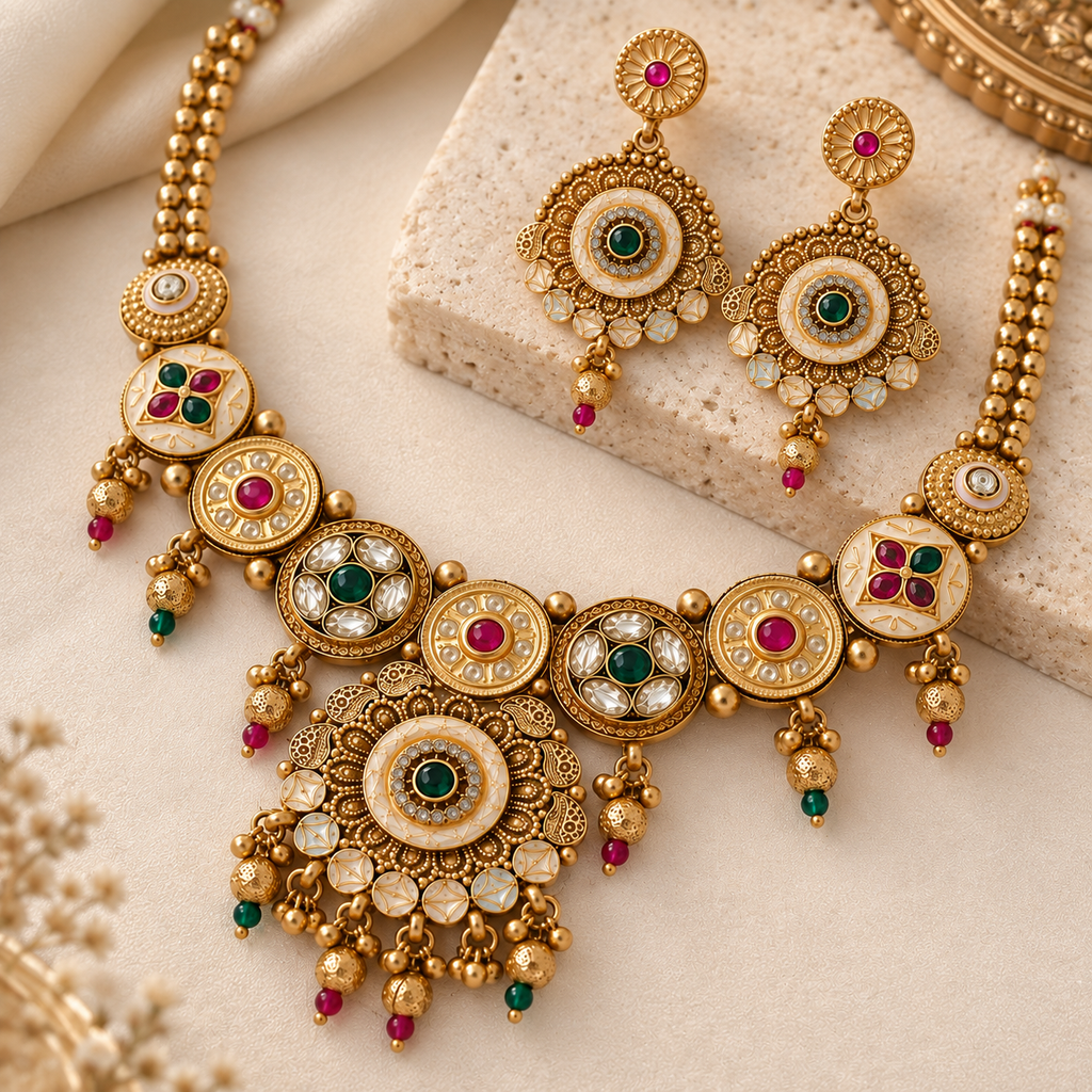 Close view of Rajwadi necklace and earrings showing green, red and white stones and ornate detailing