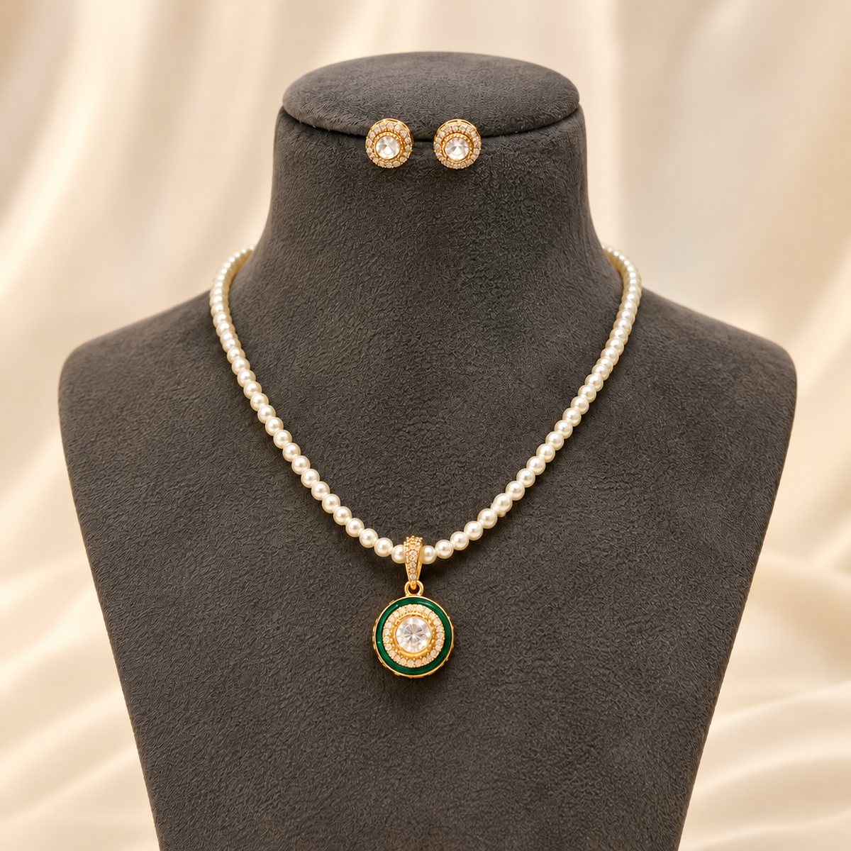 Realistic view of a gold-tone necklace with green pendant, white moti beads and matching stud earrings