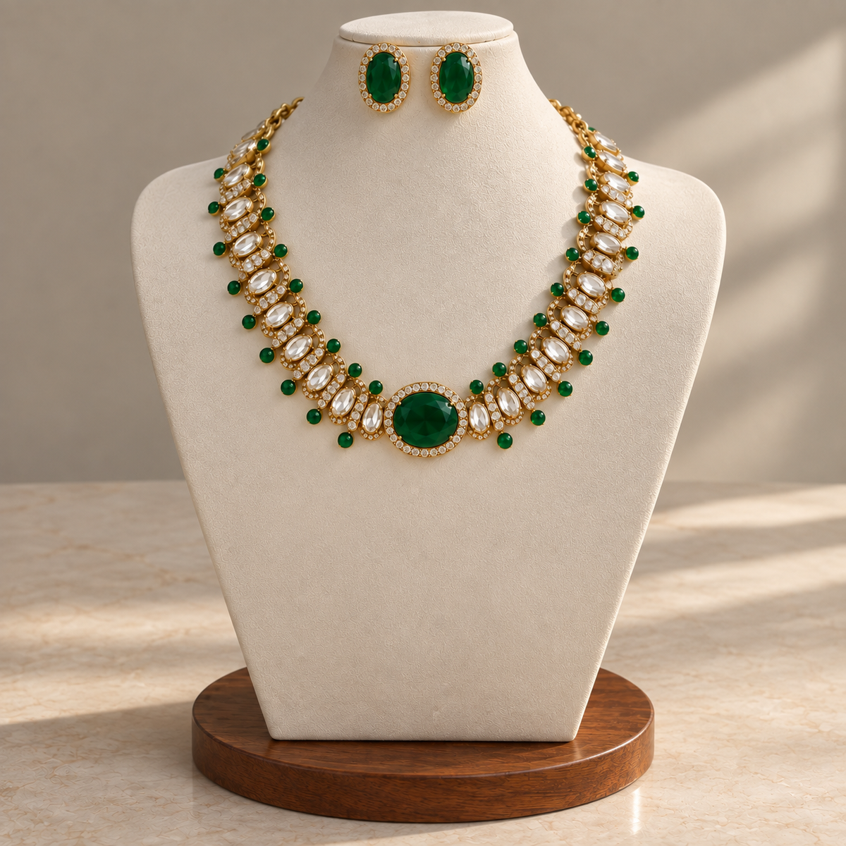 Green and gold necklace with matching earrings shown on a cream bust against a smooth neutral background