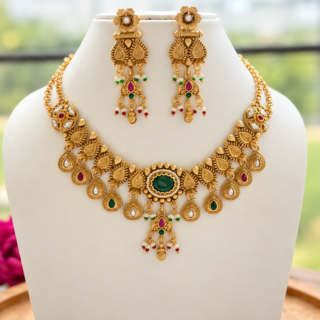 Natural-looking gold necklace and matching long earrings on a cream display bust