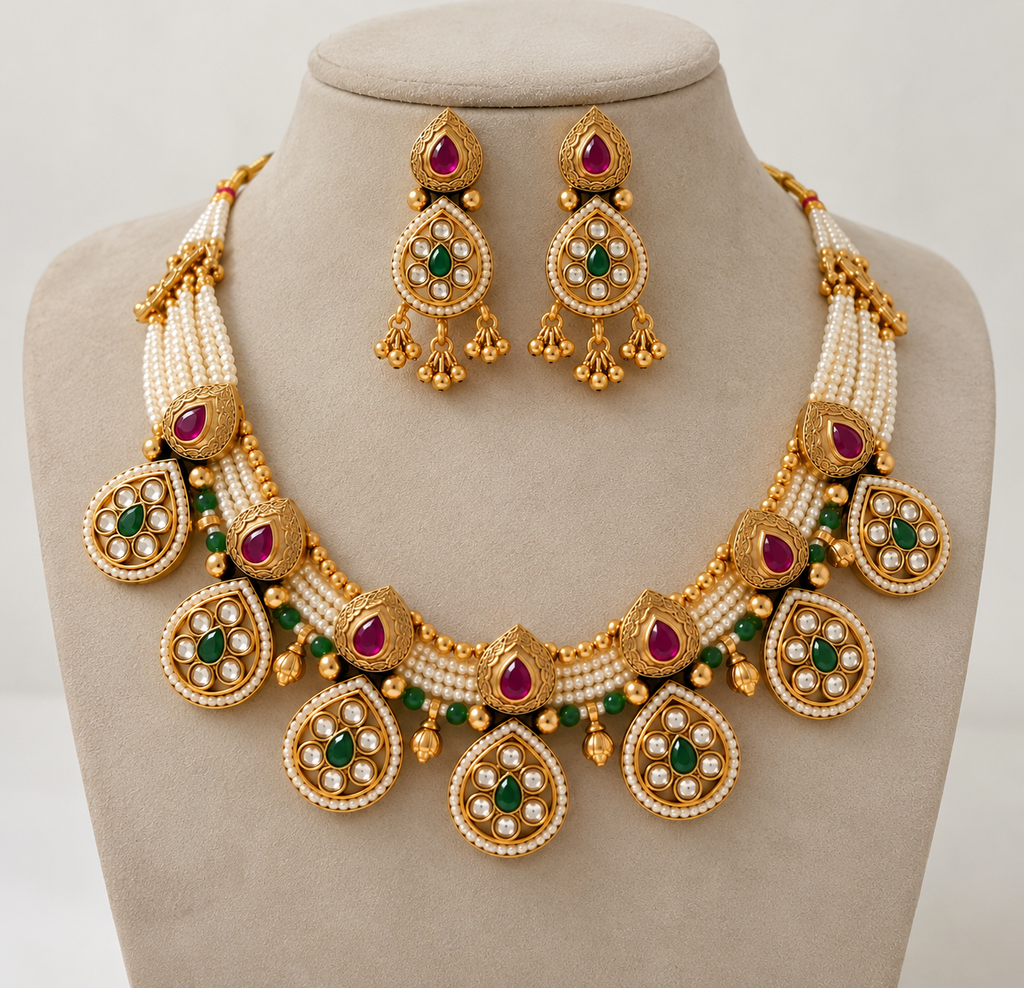 Realistic product photograph of the necklace and matching earrings on a cream display bust